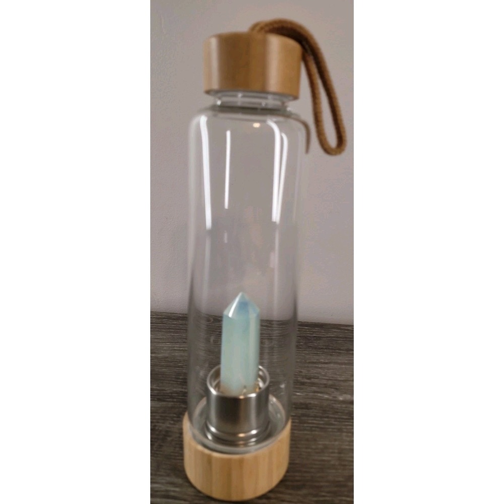 Crystal Infused Glass Water Bottle Opalite Gemstone Point Bamboo Lid & Strap